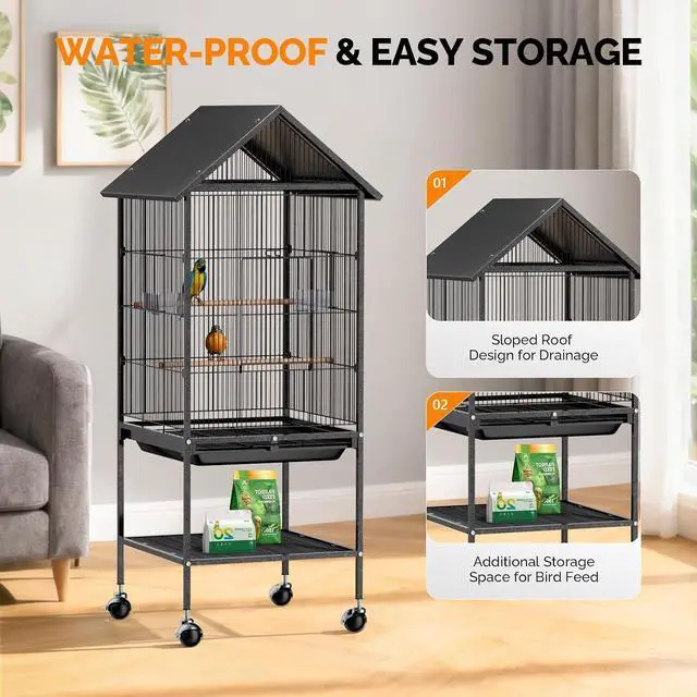 Alt view image 3 of 7 - VINGLI 50" H Bird Cage, Bird Cages with Wheels for Parrots, Cockatiels, Budgies, Lovebirds, Small/Medium Birds (50" H with Spire Roof)