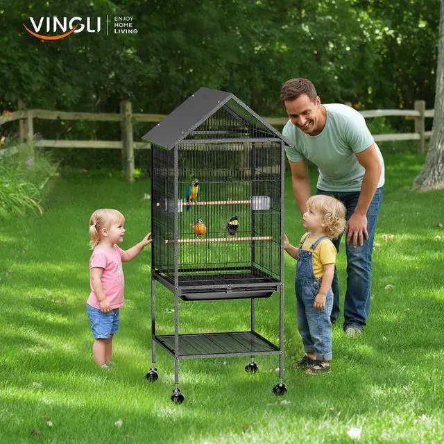 Alt view image 2 of 7 - VINGLI 50" H Bird Cage, Bird Cages with Wheels for Parrots, Cockatiels, Budgies, Lovebirds, Small/Medium Birds (50" H with Spire Roof)