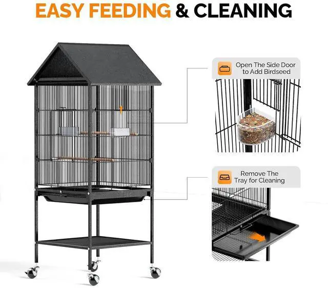 Alt view image 5 of 7 - VINGLI 50" H Bird Cage, Bird Cages with Wheels for Parrots, Cockatiels, Budgies, Lovebirds, Small/Medium Birds (50" H with Spire Roof)
