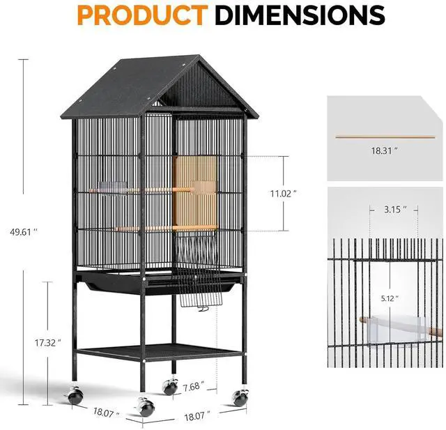 Alt view image 6 of 7 - VINGLI 50" H Bird Cage, Bird Cages with Wheels for Parrots, Cockatiels, Budgies, Lovebirds, Small/Medium Birds (50" H with Spire Roof)