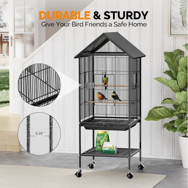 Alt view image 7 of 7 - VINGLI 50" H Bird Cage, Bird Cages with Wheels for Parrots, Cockatiels, Budgies, Lovebirds, Small/Medium Birds (50" H with Spire Roof)