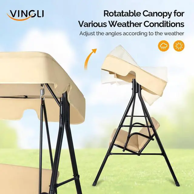 Alt view image 2 of 7 - VINGLI Outdoor Porch Swing with Adjustable Canopy, Steel Glider, Beige | Adjustable Canopy For Shade; Powder-Coated Steel Frame; Heavy-Duty Stand; Patio Glider For Backyard, Garden, And Lawn