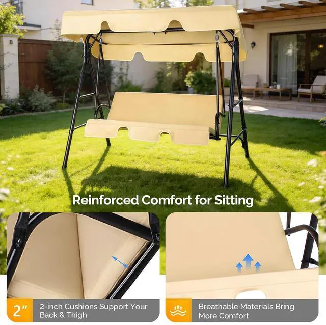 Alt view image 3 of 7 - VINGLI Outdoor Porch Swing with Adjustable Canopy, Steel Glider, Beige | Adjustable Canopy For Shade; Powder-Coated Steel Frame; Heavy-Duty Stand; Patio Glider For Backyard, Garden, And Lawn