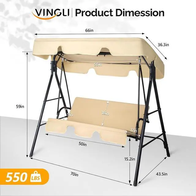 Alt view image 5 of 7 - VINGLI Outdoor Porch Swing with Adjustable Canopy, Steel Glider, Beige | Adjustable Canopy For Shade; Powder-Coated Steel Frame; Heavy-Duty Stand; Patio Glider For Backyard, Garden, And Lawn