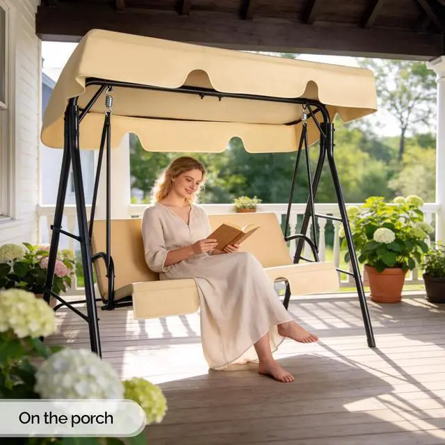 Alt view image 6 of 7 - VINGLI Outdoor Porch Swing with Adjustable Canopy, Steel Glider, Beige | Adjustable Canopy For Shade; Powder-Coated Steel Frame; Heavy-Duty Stand; Patio Glider For Backyard, Garden, And Lawn