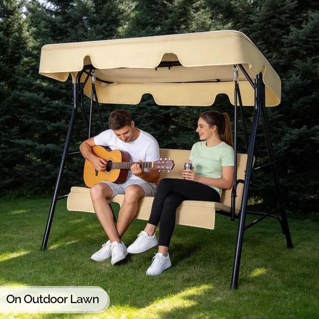 Alt view image 7 of 7 - VINGLI Outdoor Porch Swing with Adjustable Canopy, Steel Glider, Beige | Adjustable Canopy For Shade; Powder-Coated Steel Frame; Heavy-Duty Stand; Patio Glider For Backyard, Garden, And Lawn