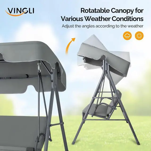 Alt view image 4 of 7 - VINGLI Outdoor Porch Swing with Adjustable Canopy, Steel Glider, Gray | Adjustable Canopy For Shade; Powder-Coated Steel Frame; Heavy-Duty Stand; Patio Glider For Backyard, Garden, And Lawn