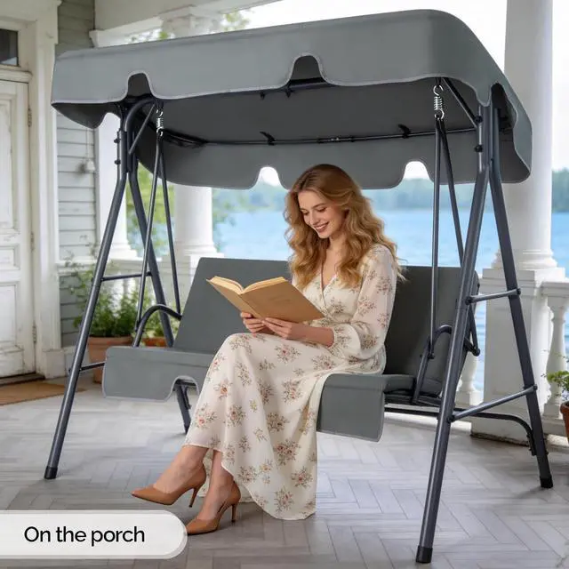 Alt view image 6 of 7 - VINGLI Outdoor Porch Swing with Adjustable Canopy, Steel Glider, Gray | Adjustable Canopy For Shade; Powder-Coated Steel Frame; Heavy-Duty Stand; Patio Glider For Backyard, Garden, And Lawn