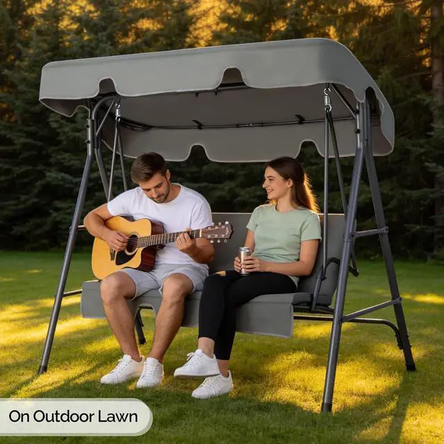 Alt view image 7 of 7 - VINGLI Outdoor Porch Swing with Adjustable Canopy, Steel Glider, Gray | Adjustable Canopy For Shade; Powder-Coated Steel Frame; Heavy-Duty Stand; Patio Glider For Backyard, Garden, And Lawn