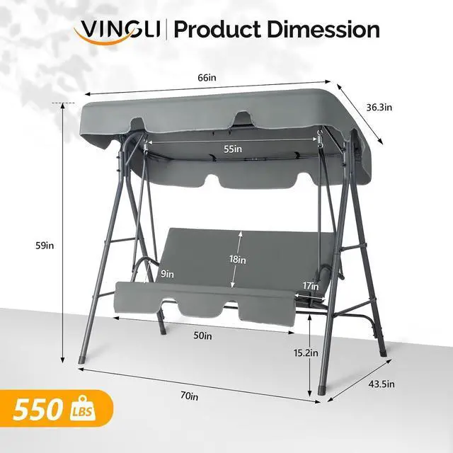 Alt view image 5 of 7 - VINGLI Outdoor Porch Swing with Adjustable Canopy, Steel Glider, Gray | Adjustable Canopy For Shade; Powder-Coated Steel Frame; Heavy-Duty Stand; Patio Glider For Backyard, Garden, And Lawn