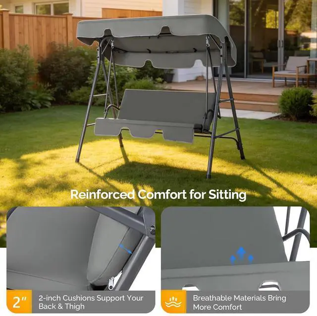 Alt view image 2 of 7 - VINGLI Outdoor Porch Swing with Adjustable Canopy, Steel Glider, Gray | Adjustable Canopy For Shade; Powder-Coated Steel Frame; Heavy-Duty Stand; Patio Glider For Backyard, Garden, And Lawn