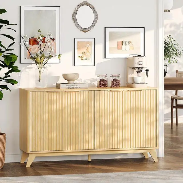 Alt view image 3 of 7 - VINGLI 55" Buffet Cabinet with Storage, Fluted 4 Doors Sideboard Cabinet with Adjustable Shelves, Modern Storage Cabinet with Doors for Kitchen, Dining Room & Living Room, Natural Oak