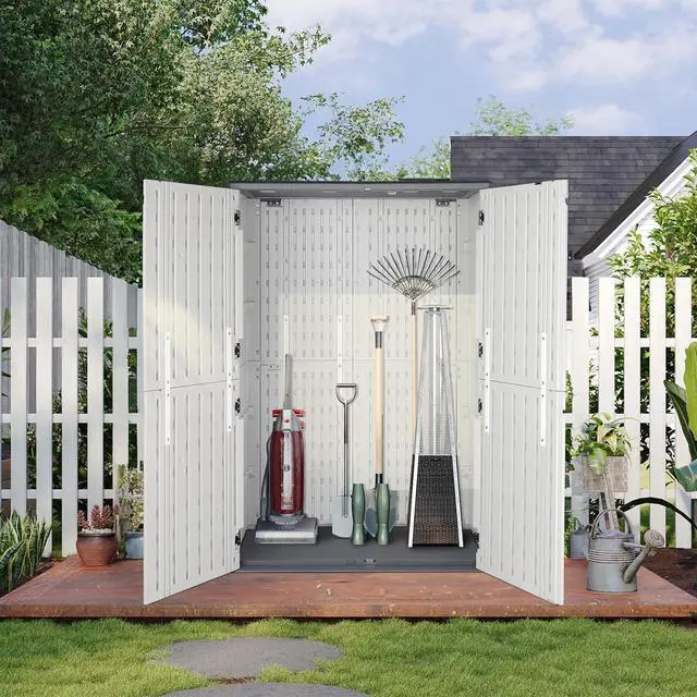 Alt view image 3 of 7 - VINGLI Outdoor Storage Shed, Resin Storage Cabinet with Lockable Design, Weatherproof Tool Shed with HDPE Material, Resin Deck Box for Garden Tools, Pool Equipment, Garbage Cans, White (59 Cu.ft)