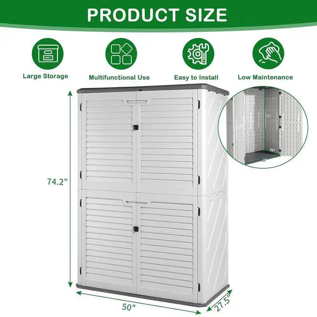 Alt view image 7 of 7 - VINGLI Outdoor Storage Shed, Resin Storage Cabinet with Lockable Design, Weatherproof Tool Shed with HDPE Material, Resin Deck Box for Garden Tools, Pool Equipment, Garbage Cans, White (59 Cu.ft)