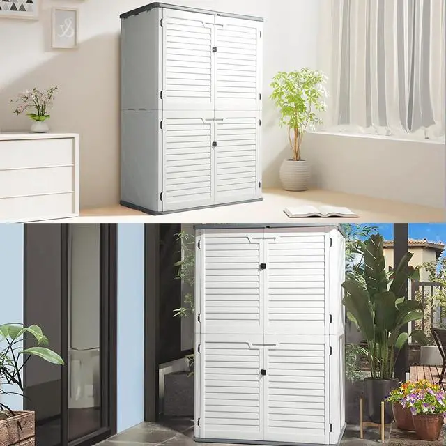 Alt view image 6 of 7 - VINGLI Outdoor Storage Shed, Resin Storage Cabinet with Lockable Design, Weatherproof Tool Shed with HDPE Material, Resin Deck Box for Garden Tools, Pool Equipment, Garbage Cans, White (59 Cu.ft)
