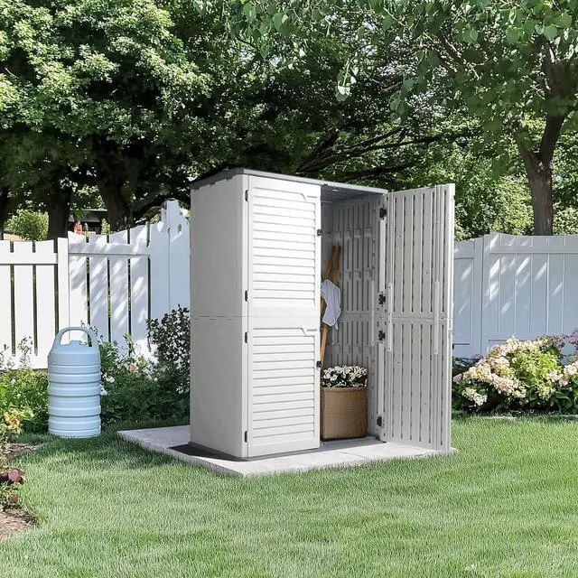 Alt view image 5 of 7 - VINGLI Outdoor Storage Shed, Resin Storage Cabinet with Lockable Design, Weatherproof Tool Shed with HDPE Material, Resin Deck Box for Garden Tools, Pool Equipment, Garbage Cans, White (59 Cu.ft)