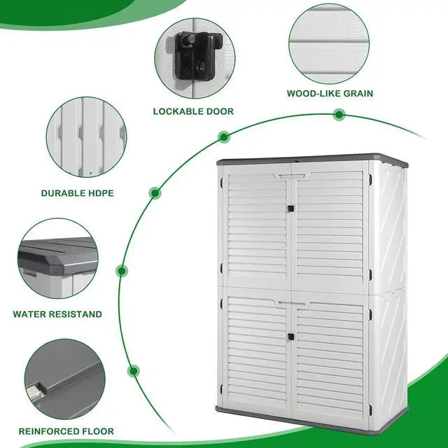 Alt view image 4 of 7 - VINGLI Outdoor Storage Shed, Resin Storage Cabinet with Lockable Design, Weatherproof Tool Shed with HDPE Material, Resin Deck Box for Garden Tools, Pool Equipment, Garbage Cans, White (59 Cu.ft)