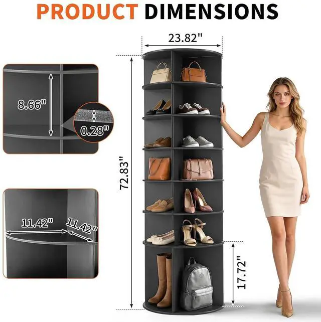 Alt view image 2 of 7 - VINGLI Black Rotating Shoe Rack Tower, 7 Tier 360° Shoe Storage for Closet, 73" Tall Vertical Carousel Organizer for Sneakers, Boots & Hats, Modern Industrial Corner Shelves (No Tool Assembly)