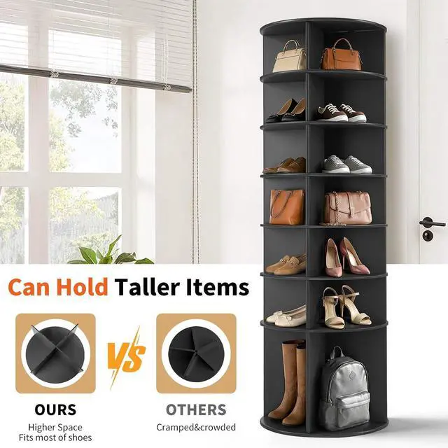 Alt view image 5 of 7 - VINGLI Black Rotating Shoe Rack Tower, 7 Tier 360° Shoe Storage for Closet, 73" Tall Vertical Carousel Organizer for Sneakers, Boots & Hats, Modern Industrial Corner Shelves (No Tool Assembly)