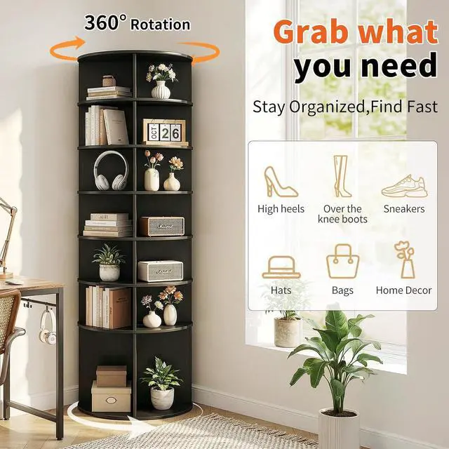 Alt view image 4 of 7 - VINGLI Black Rotating Shoe Rack Tower, 7 Tier 360° Shoe Storage for Closet, 73" Tall Vertical Carousel Organizer for Sneakers, Boots & Hats, Modern Industrial Corner Shelves (No Tool Assembly)