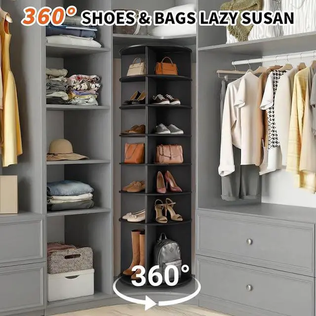Alt view image 6 of 7 - VINGLI Black Rotating Shoe Rack Tower, 7 Tier 360° Shoe Storage for Closet, 73" Tall Vertical Carousel Organizer for Sneakers, Boots & Hats, Modern Industrial Corner Shelves (No Tool Assembly)