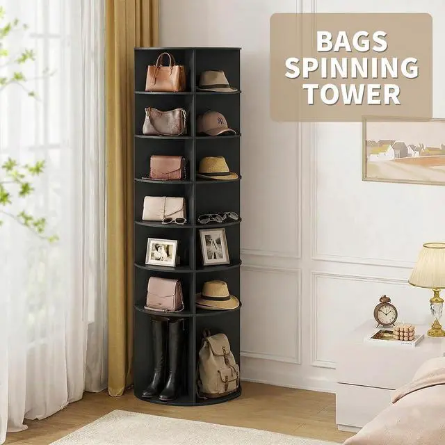 Alt view image 7 of 7 - VINGLI Black Rotating Shoe Rack Tower, 7 Tier 360° Shoe Storage for Closet, 73" Tall Vertical Carousel Organizer for Sneakers, Boots & Hats, Modern Industrial Corner Shelves (No Tool Assembly)