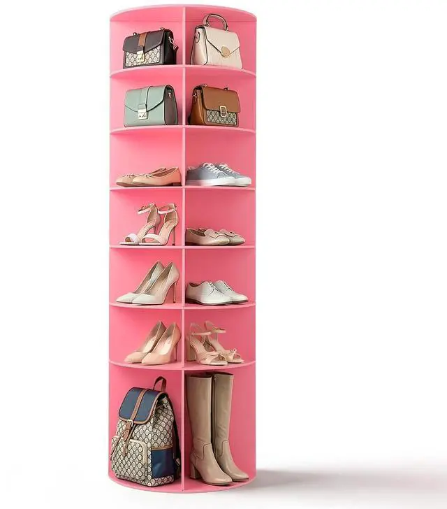 Main image of VINGLI Pink Rotating Shoe Rack Tower, 7 Tier 360°Shoe Storage for Girls Room, 73" Tall Vertical Carousel Organizer for Kids Shoes, Toys & Dolls, Cute Nursery Corner Shelves (No Tool Assembly)