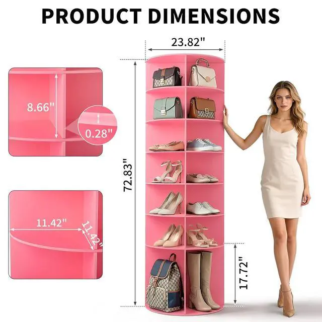 Alt view image 2 of 7 - VINGLI Pink Rotating Shoe Rack Tower, 7 Tier 360°Shoe Storage for Girls Room, 73" Tall Vertical Carousel Organizer for Kids Shoes, Toys & Dolls, Cute Nursery Corner Shelves (No Tool Assembly)