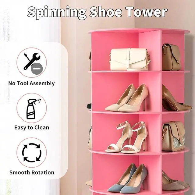 Alt view image 4 of 7 - VINGLI Pink Rotating Shoe Rack Tower, 7 Tier 360°Shoe Storage for Girls Room, 73" Tall Vertical Carousel Organizer for Kids Shoes, Toys & Dolls, Cute Nursery Corner Shelves (No Tool Assembly)