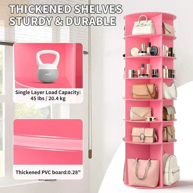 Alt view image 5 of 7 - VINGLI Pink Rotating Shoe Rack Tower, 7 Tier 360°Shoe Storage for Girls Room, 73" Tall Vertical Carousel Organizer for Kids Shoes, Toys & Dolls, Cute Nursery Corner Shelves (No Tool Assembly)