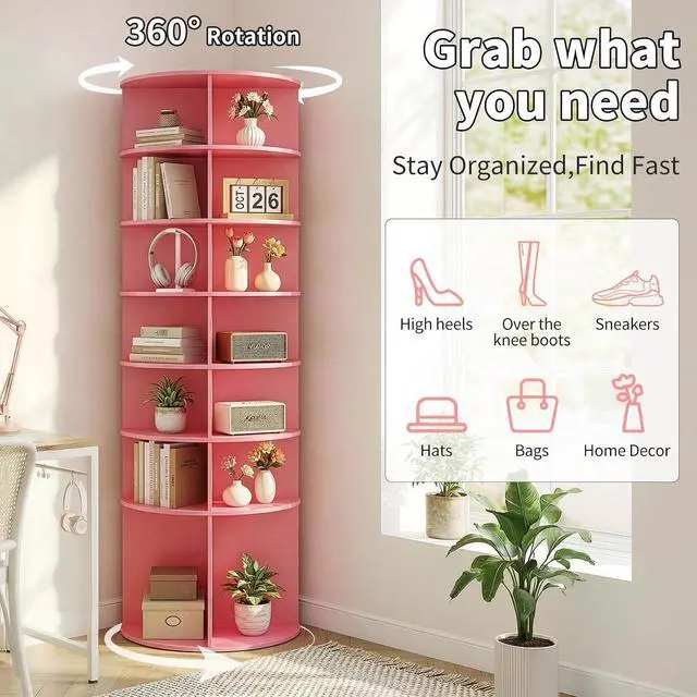 Alt view image 7 of 7 - VINGLI Pink Rotating Shoe Rack Tower, 7 Tier 360°Shoe Storage for Girls Room, 73" Tall Vertical Carousel Organizer for Kids Shoes, Toys & Dolls, Cute Nursery Corner Shelves (No Tool Assembly)