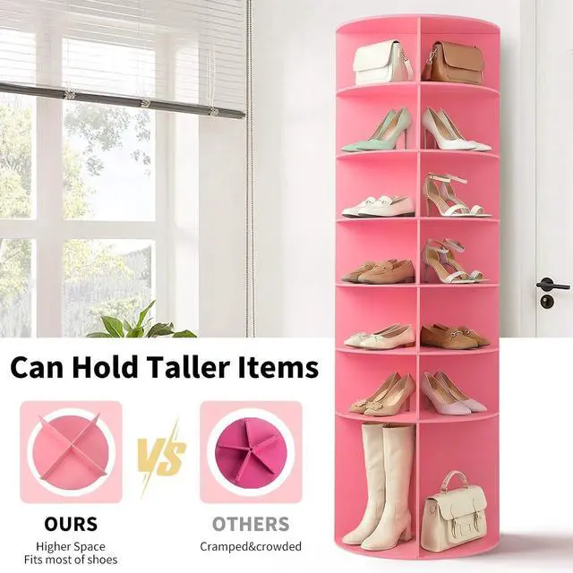 Alt view image 6 of 7 - VINGLI Pink Rotating Shoe Rack Tower, 7 Tier 360°Shoe Storage for Girls Room, 73" Tall Vertical Carousel Organizer for Kids Shoes, Toys & Dolls, Cute Nursery Corner Shelves (No Tool Assembly)