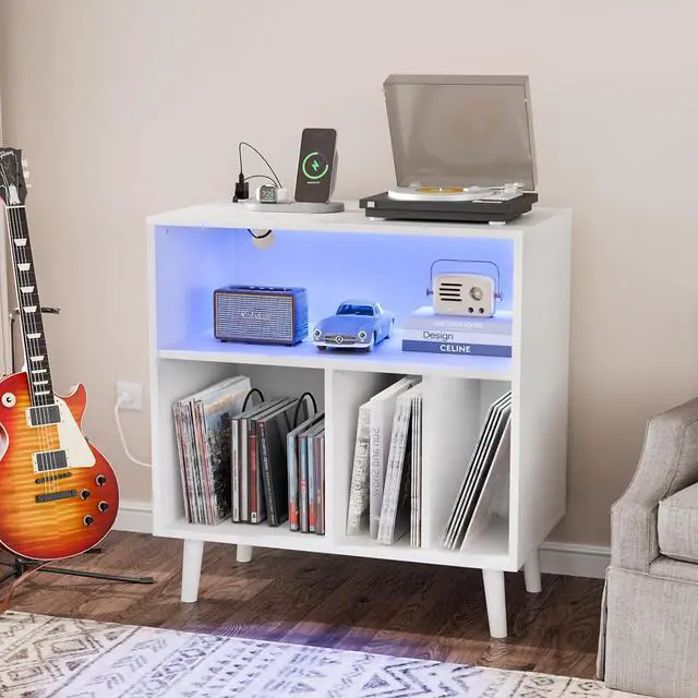 Main image of VINGLI Record Player Stand with Open Vinyl Storage, Mid-Century Album Storage Table with LED Light up to 300 Albums, Vinyl Record Player Shelf with Power Outlet for Living Room, White