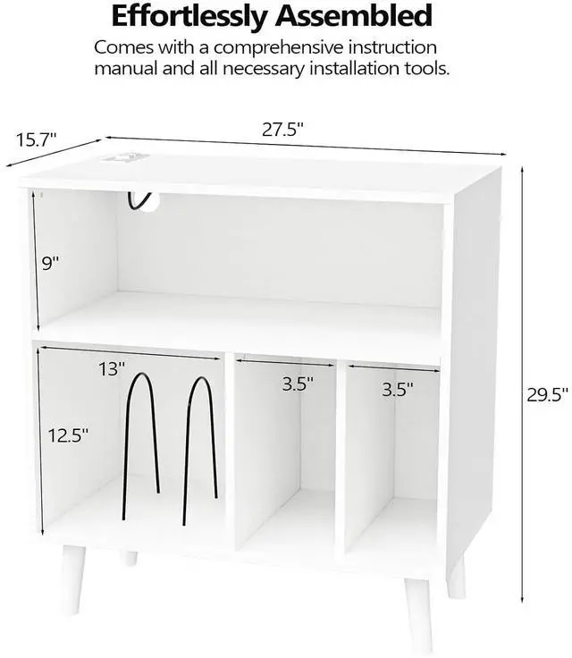 Alt view image 2 of 7 - VINGLI Record Player Stand with Open Vinyl Storage, Mid-Century Album Storage Table with LED Light up to 300 Albums, Vinyl Record Player Shelf with Power Outlet for Living Room, White
