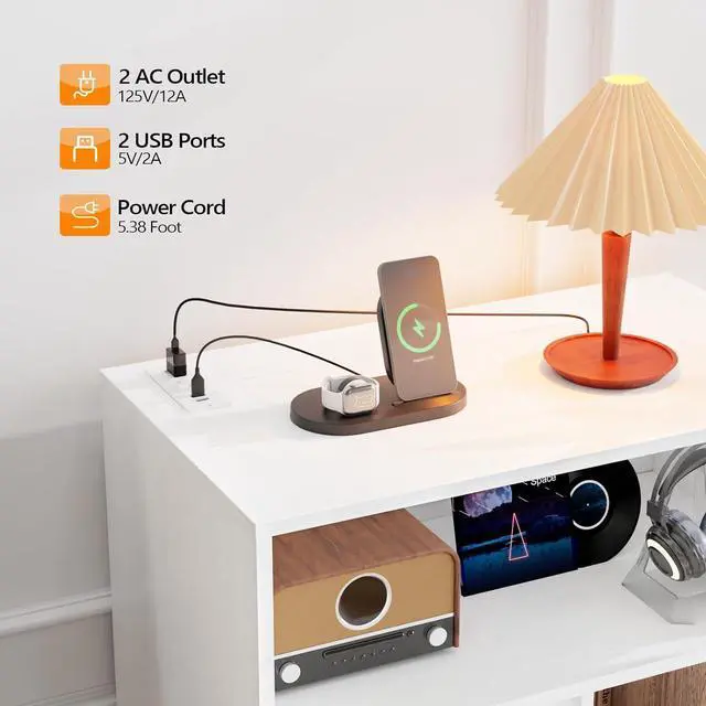 Alt view image 3 of 7 - VINGLI Record Player Stand with Open Vinyl Storage, Mid-Century Album Storage Table with LED Light up to 300 Albums, Vinyl Record Player Shelf with Power Outlet for Living Room, White