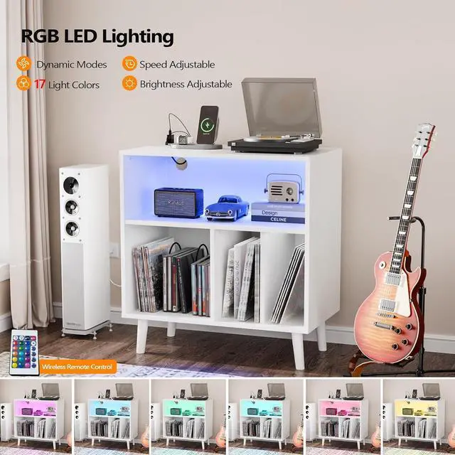 Alt view image 5 of 7 - VINGLI Record Player Stand with Open Vinyl Storage, Mid-Century Album Storage Table with LED Light up to 300 Albums, Vinyl Record Player Shelf with Power Outlet for Living Room, White