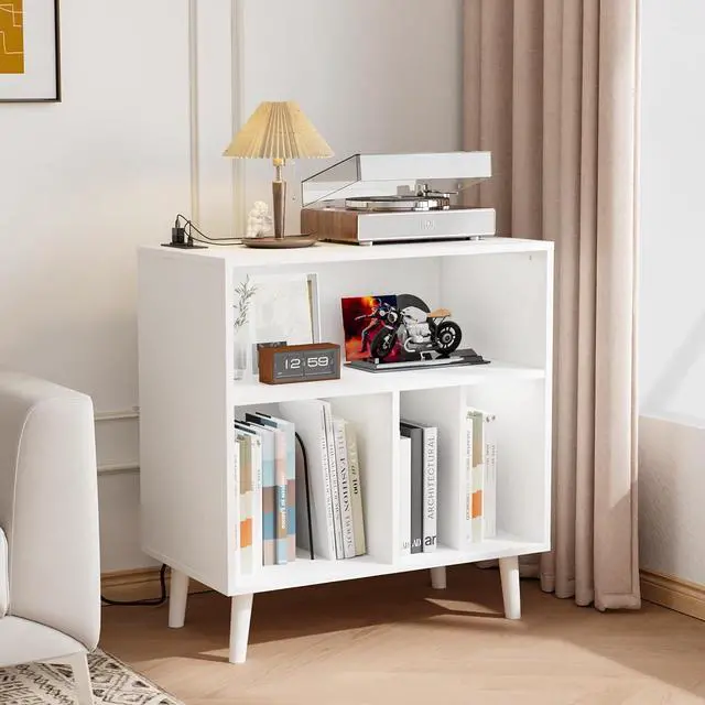 Alt view image 7 of 7 - VINGLI Record Player Stand with Open Vinyl Storage, Mid-Century Album Storage Table with LED Light up to 300 Albums, Vinyl Record Player Shelf with Power Outlet for Living Room, White