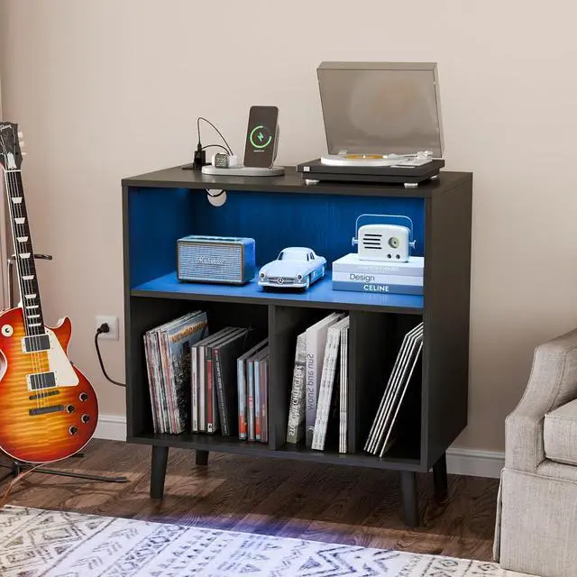 Main image of VINGLI Record Player Stand with Open Vinyl Storage, Mid-Century Album Storage Table with LED Light up to 300 Albums, Vinyl Record Player Shelf with Power Outlet for Living Room, Black