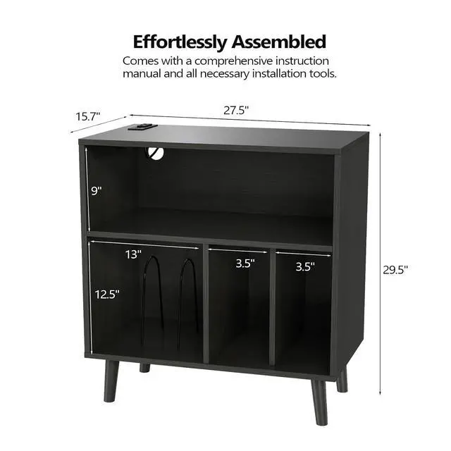 Alt view image 2 of 7 - VINGLI Record Player Stand with Open Vinyl Storage, Mid-Century Album Storage Table with LED Light up to 300 Albums, Vinyl Record Player Shelf with Power Outlet for Living Room, Black