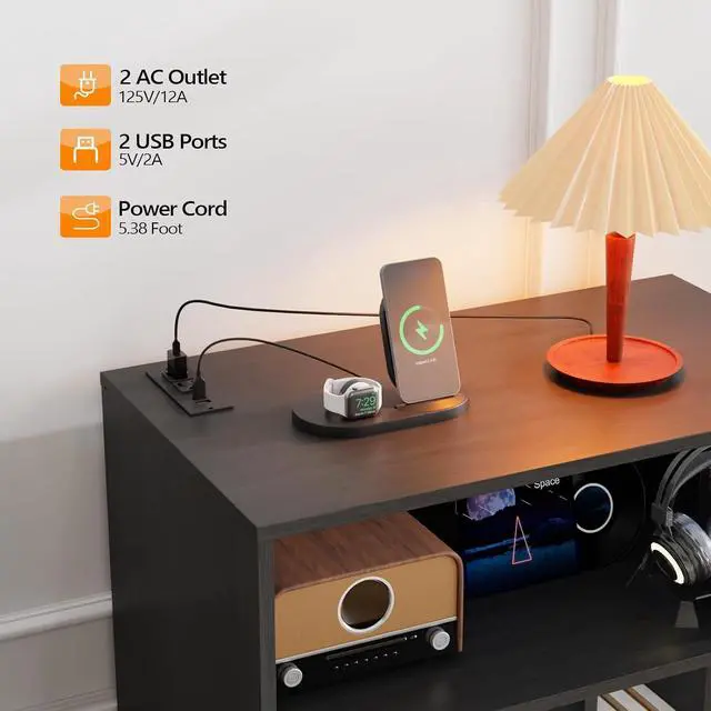 Alt view image 4 of 7 - VINGLI Record Player Stand with Open Vinyl Storage, Mid-Century Album Storage Table with LED Light up to 300 Albums, Vinyl Record Player Shelf with Power Outlet for Living Room, Black