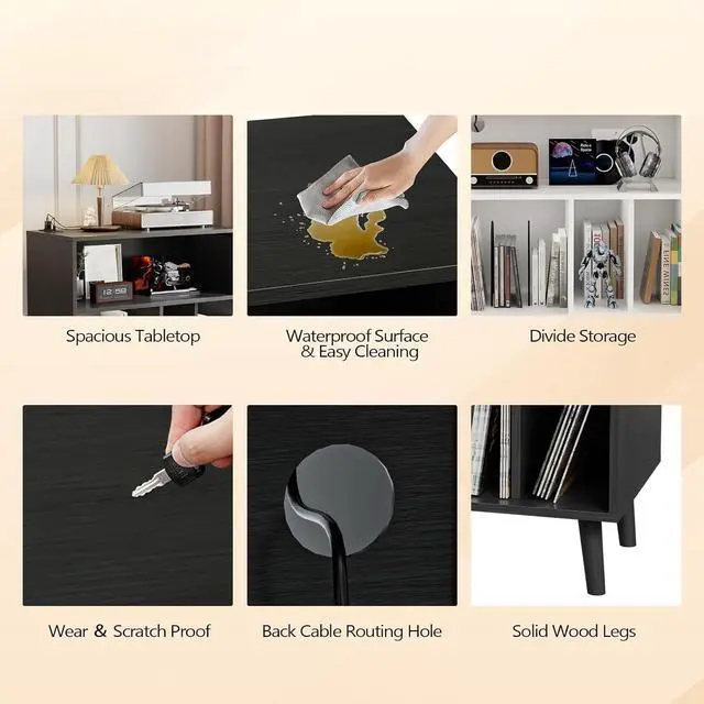 Alt view image 3 of 7 - VINGLI Record Player Stand with Open Vinyl Storage, Mid-Century Album Storage Table with LED Light up to 300 Albums, Vinyl Record Player Shelf with Power Outlet for Living Room, Black