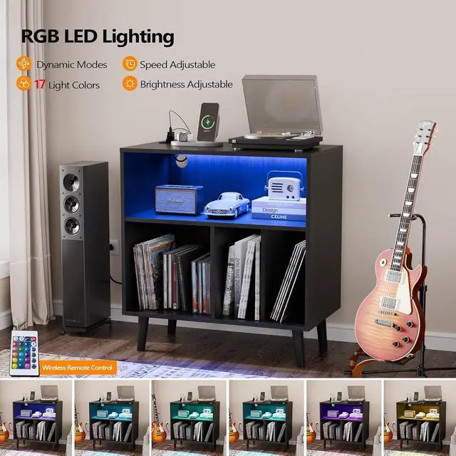 Alt view image 5 of 7 - VINGLI Record Player Stand with Open Vinyl Storage, Mid-Century Album Storage Table with LED Light up to 300 Albums, Vinyl Record Player Shelf with Power Outlet for Living Room, Black