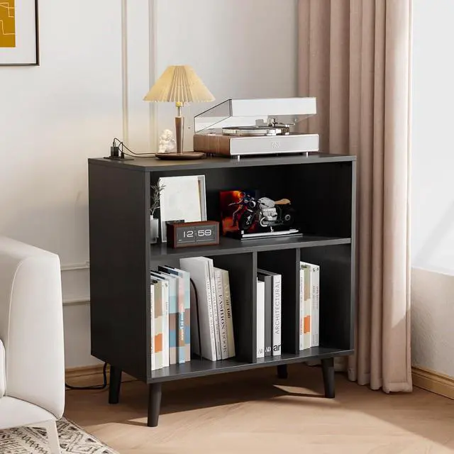 Alt view image 7 of 7 - VINGLI Record Player Stand with Open Vinyl Storage, Mid-Century Album Storage Table with LED Light up to 300 Albums, Vinyl Record Player Shelf with Power Outlet for Living Room, Black