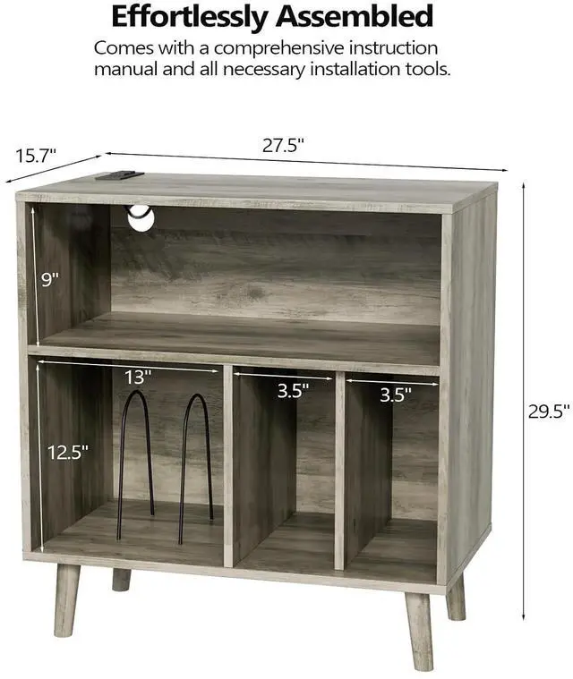 Alt view image 2 of 7 - VINGLI Record Player Stand with Open Vinyl Storage, Mid-Century Album Storage Table with LED Light up to 300 Albums, Vinyl Record Player Shelf with Power Outlet for Living Room, Grey Oak