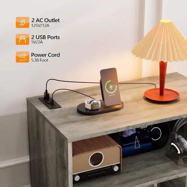 Alt view image 3 of 7 - VINGLI Record Player Stand with Open Vinyl Storage, Mid-Century Album Storage Table with LED Light up to 300 Albums, Vinyl Record Player Shelf with Power Outlet for Living Room, Grey Oak