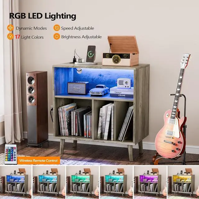 Alt view image 4 of 7 - VINGLI Record Player Stand with Open Vinyl Storage, Mid-Century Album Storage Table with LED Light up to 300 Albums, Vinyl Record Player Shelf with Power Outlet for Living Room, Grey Oak