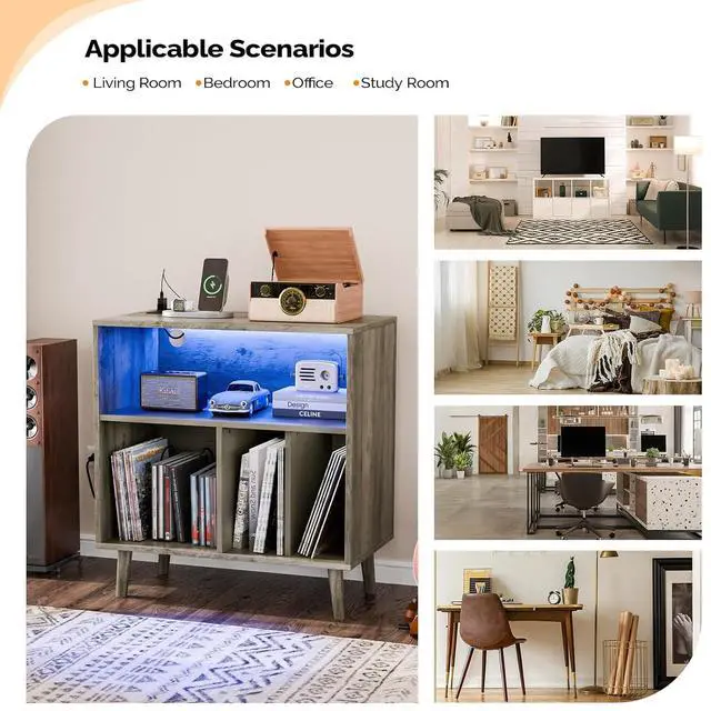 Alt view image 6 of 7 - VINGLI Record Player Stand with Open Vinyl Storage, Mid-Century Album Storage Table with LED Light up to 300 Albums, Vinyl Record Player Shelf with Power Outlet for Living Room, Grey Oak
