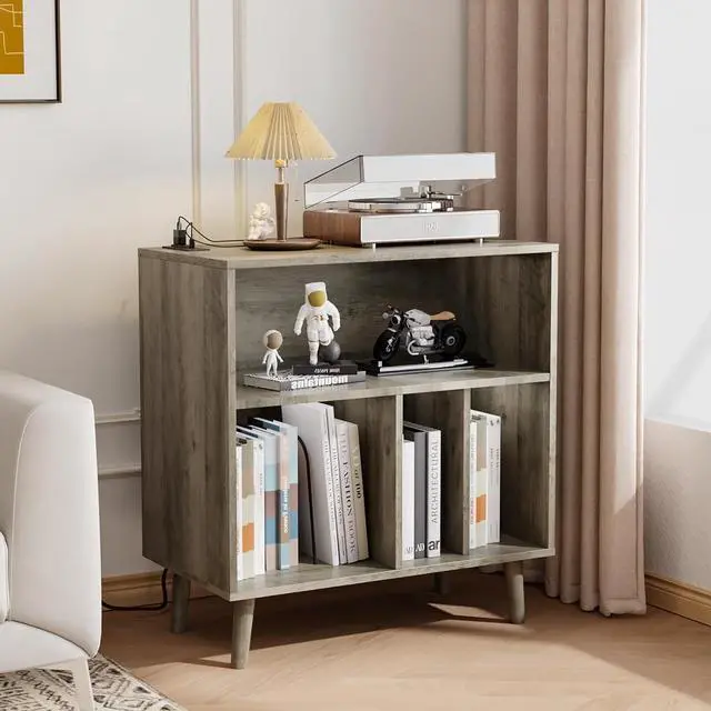 Alt view image 7 of 7 - VINGLI Record Player Stand with Open Vinyl Storage, Mid-Century Album Storage Table with LED Light up to 300 Albums, Vinyl Record Player Shelf with Power Outlet for Living Room, Grey Oak