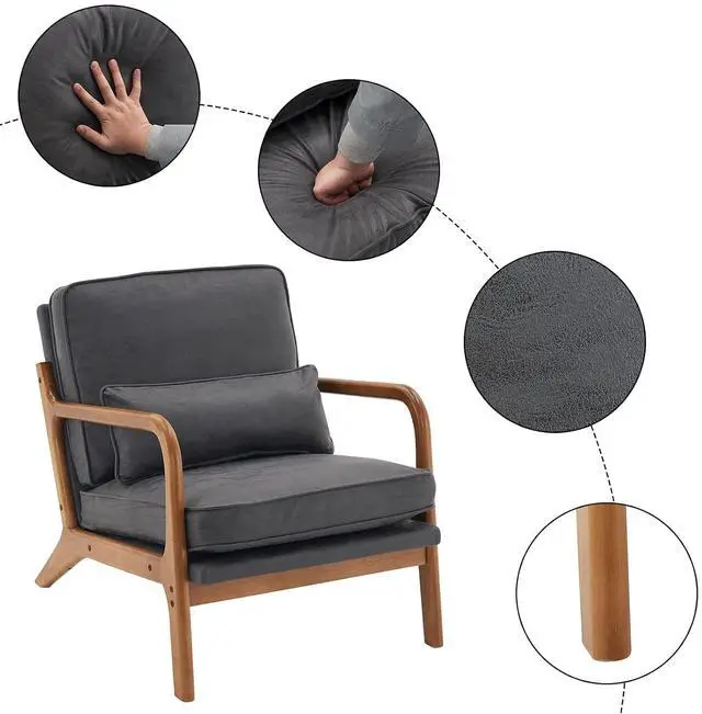 Alt view image 4 of 7 - Bonnlo Microfiber Dark Grey Mid Century Modern Accent Chair, Soild Wood Padding Lounge Armchairs Side Sitting Chairs for Living Room, Bedroom, Guest Room