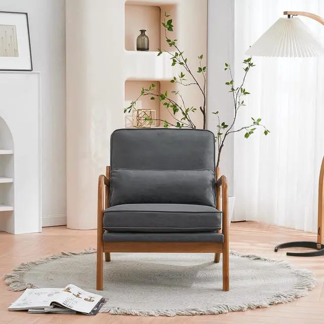 Alt view image 5 of 7 - Bonnlo Microfiber Dark Grey Mid Century Modern Accent Chair, Soild Wood Padding Lounge Armchairs Side Sitting Chairs for Living Room, Bedroom, Guest Room